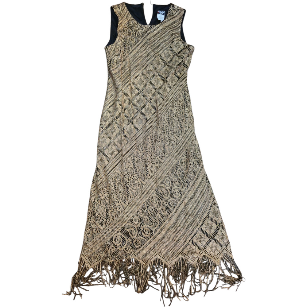 Helene Blake Gold Metallic Lurex Fringe Maxi Dress Sz 10 Vintage USA Glam FLAW